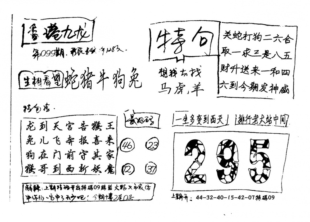 六合彩099期香港九龙(新图)手写(黑白)