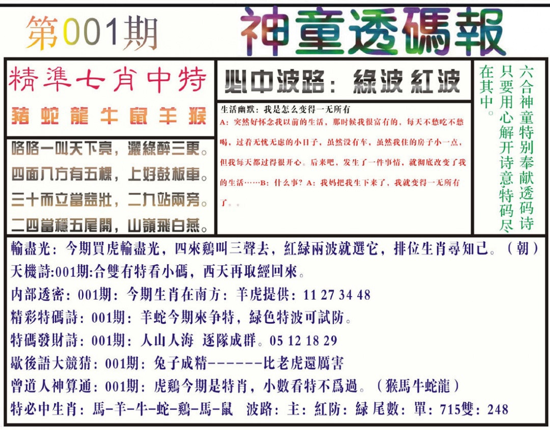 六合彩001期神童透码报(正版)