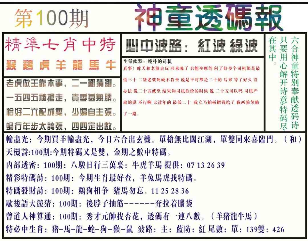 六合彩100期神童透码报(正版)