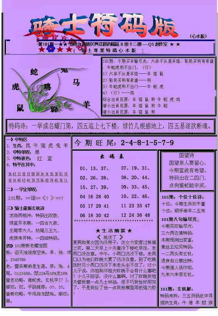 六合彩101期另骑士特码版