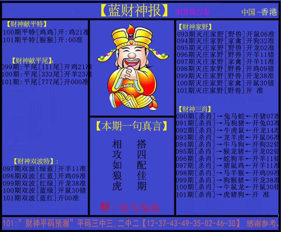 六合彩101期蓝财神