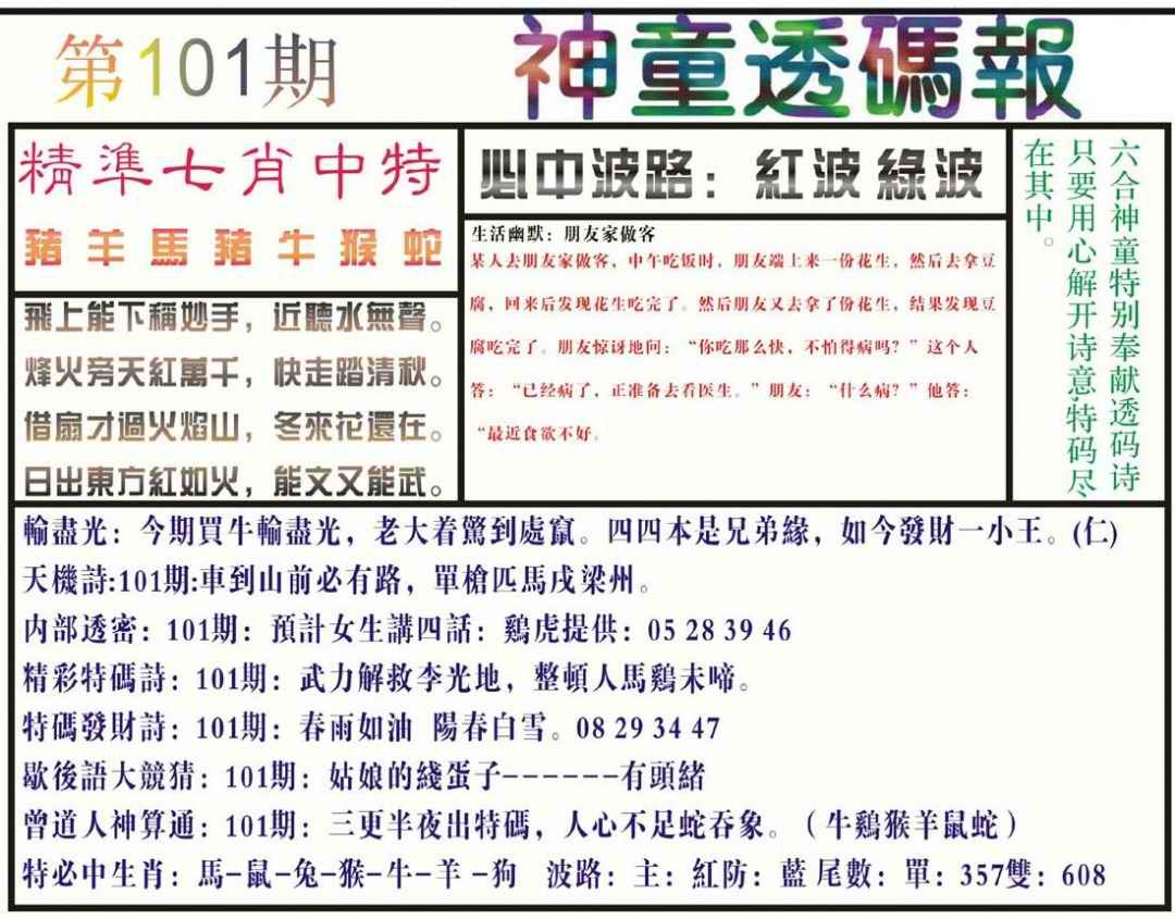 六合彩101期神童透码报(正版)