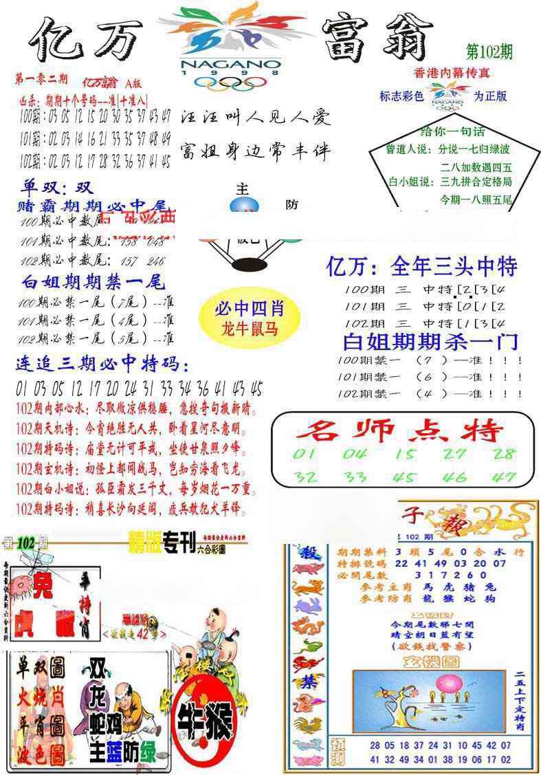 六合彩102期亿万富翁A