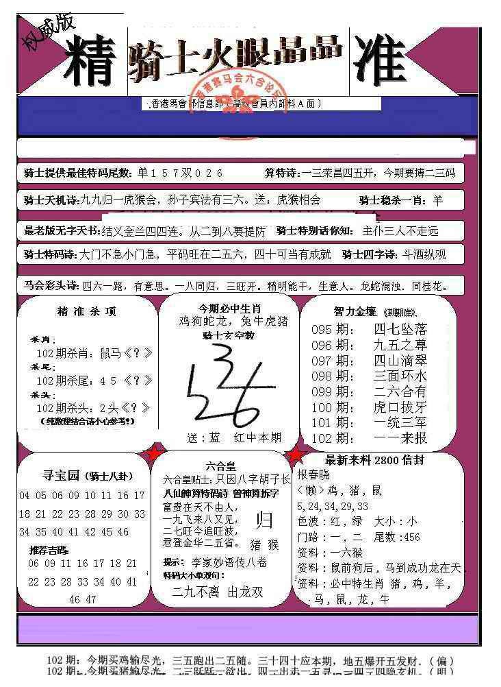 六合彩102期骑士火眼晶晶（正）