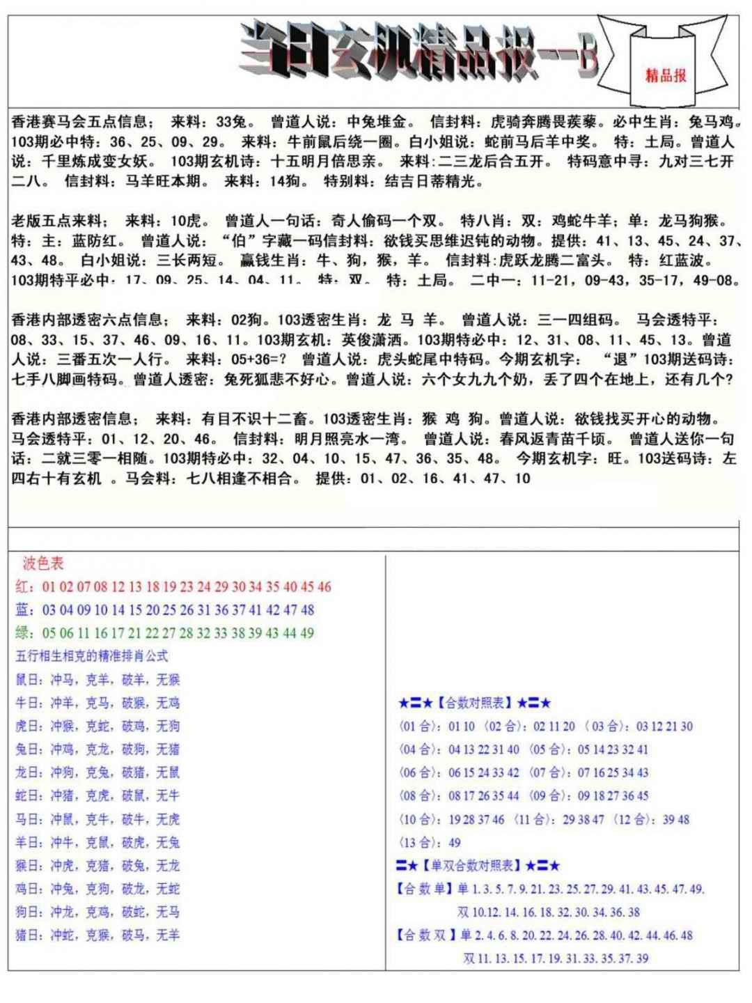 六合彩103期当日玄机精品报B