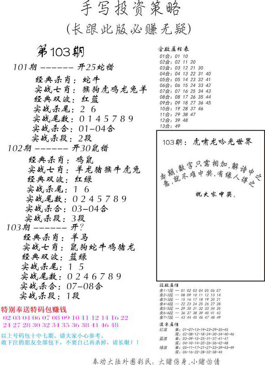六合彩103期手写投资策略