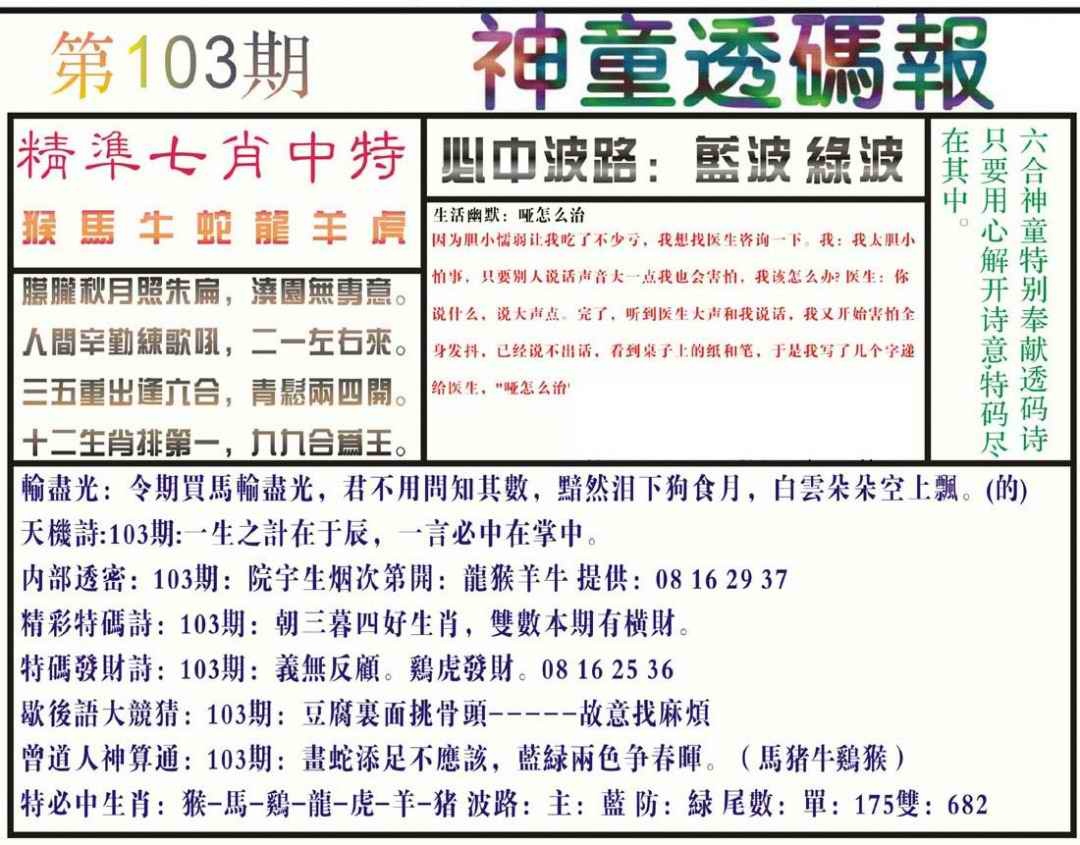 六合彩103期神童透码报(正版)