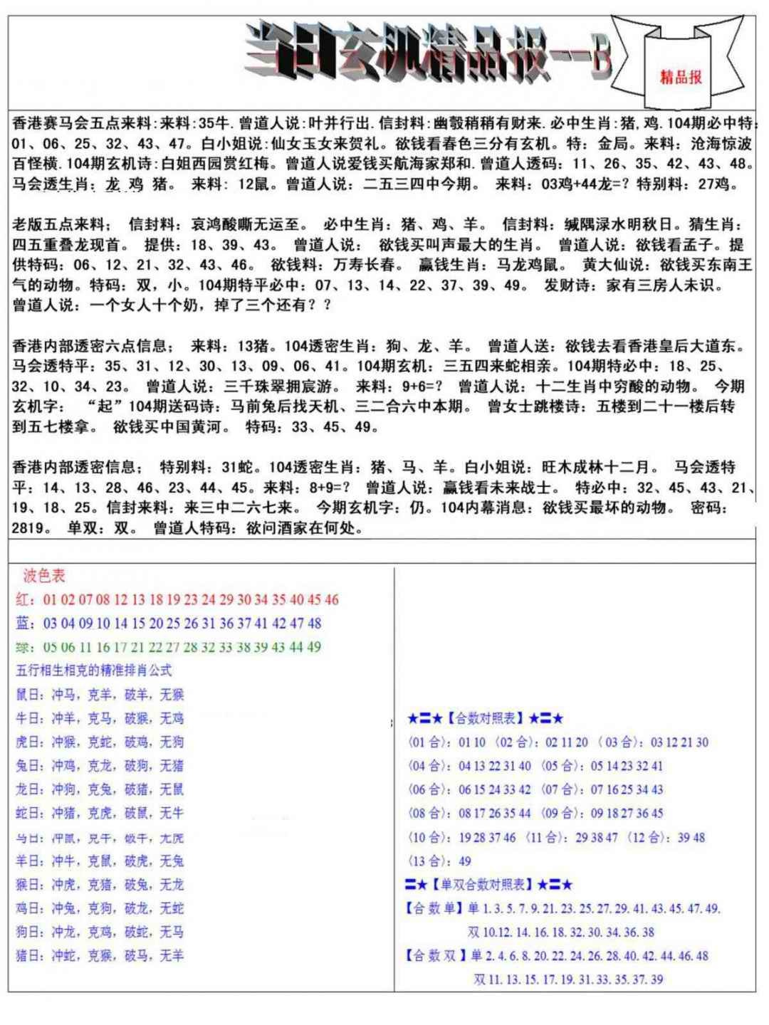 六合彩104期当日玄机精品报B
