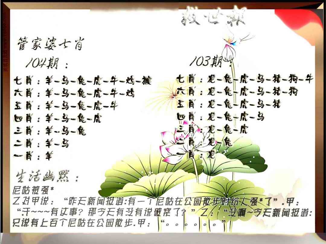 六合彩104期特码救世报