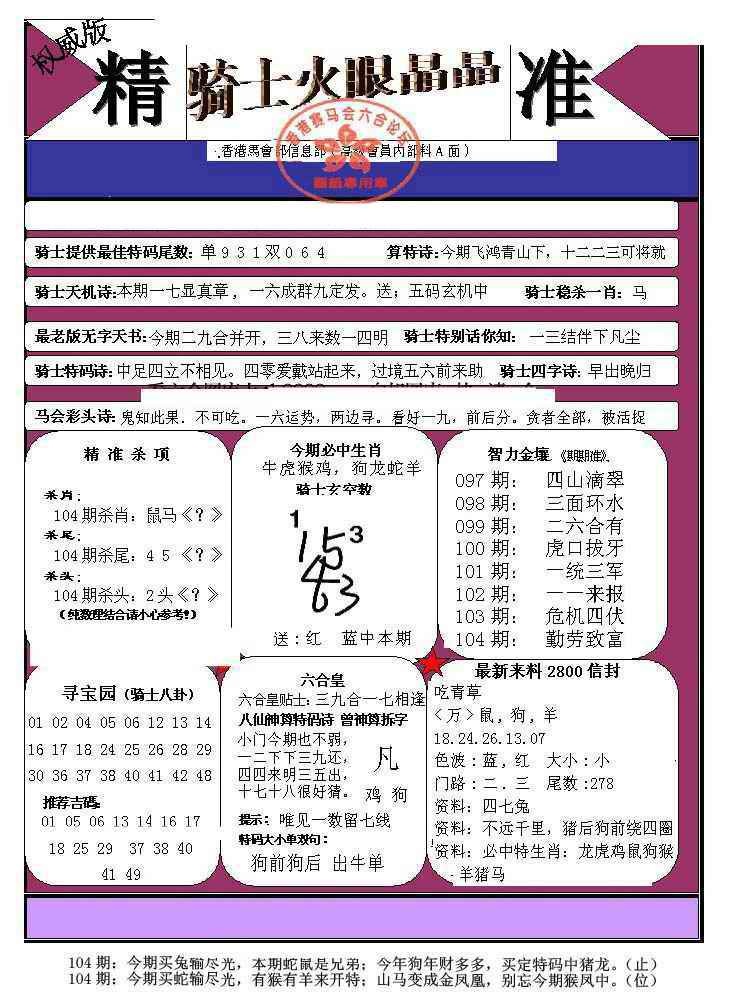 六合彩104期骑士火眼晶晶（正）