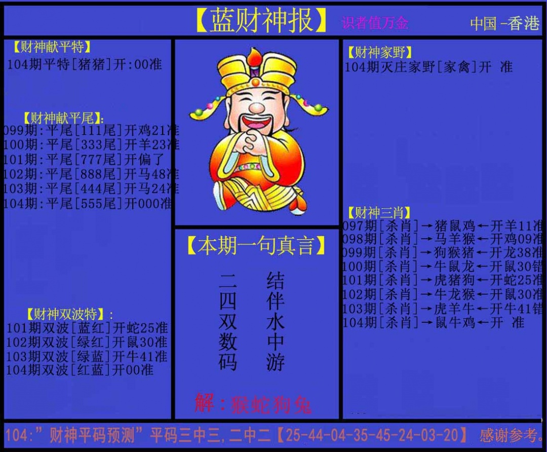 六合彩104期蓝财神