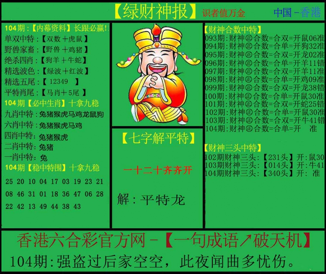 六合彩104期绿财神