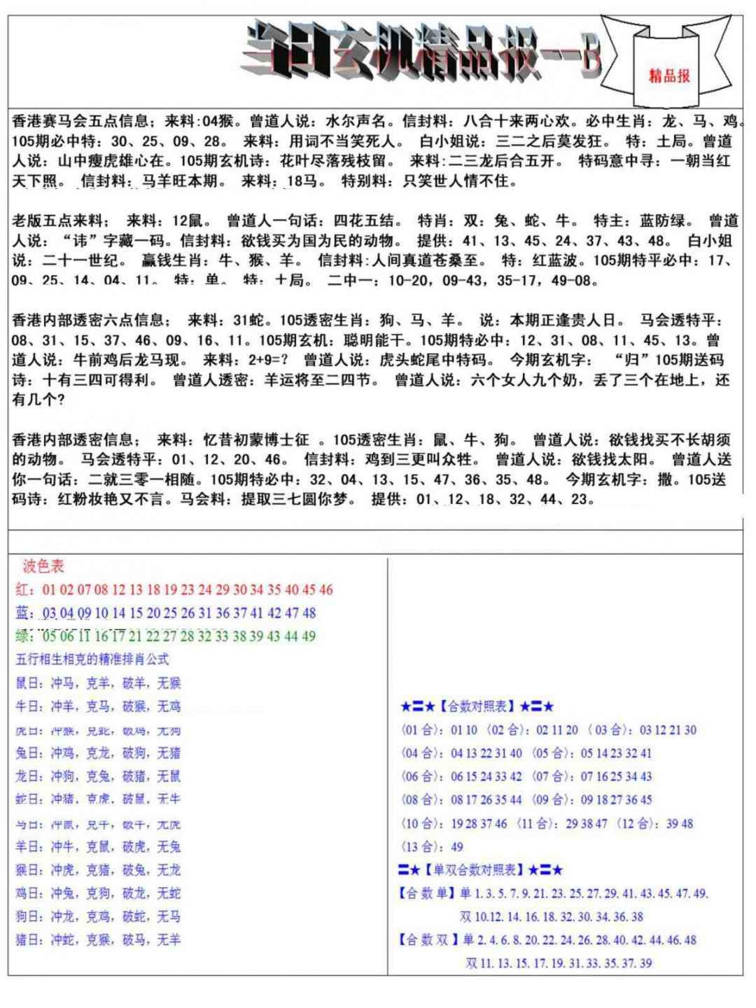 六合彩105期当日玄机精品报B