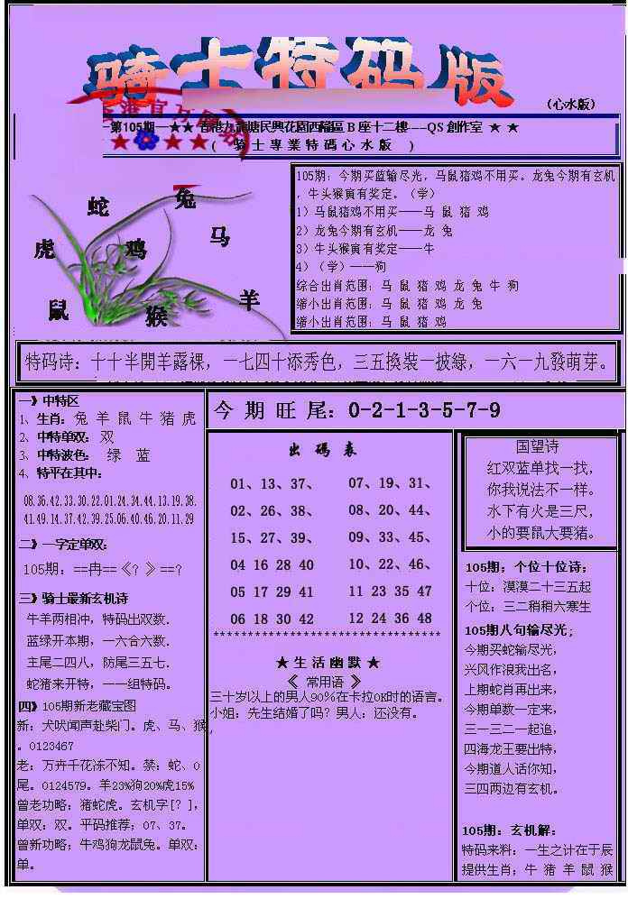 六合彩105期另骑士特码版