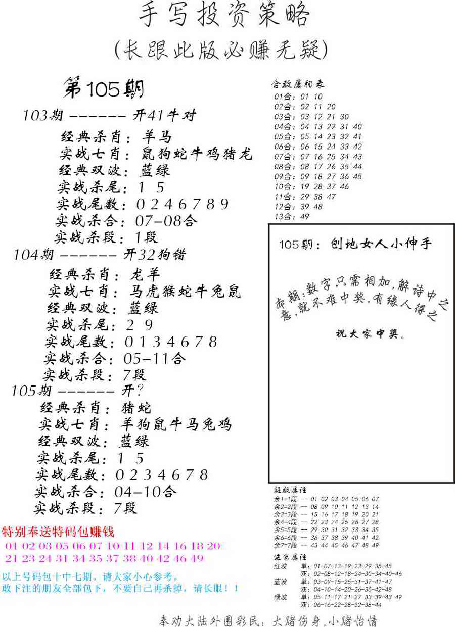 六合彩105期手写投资策略
