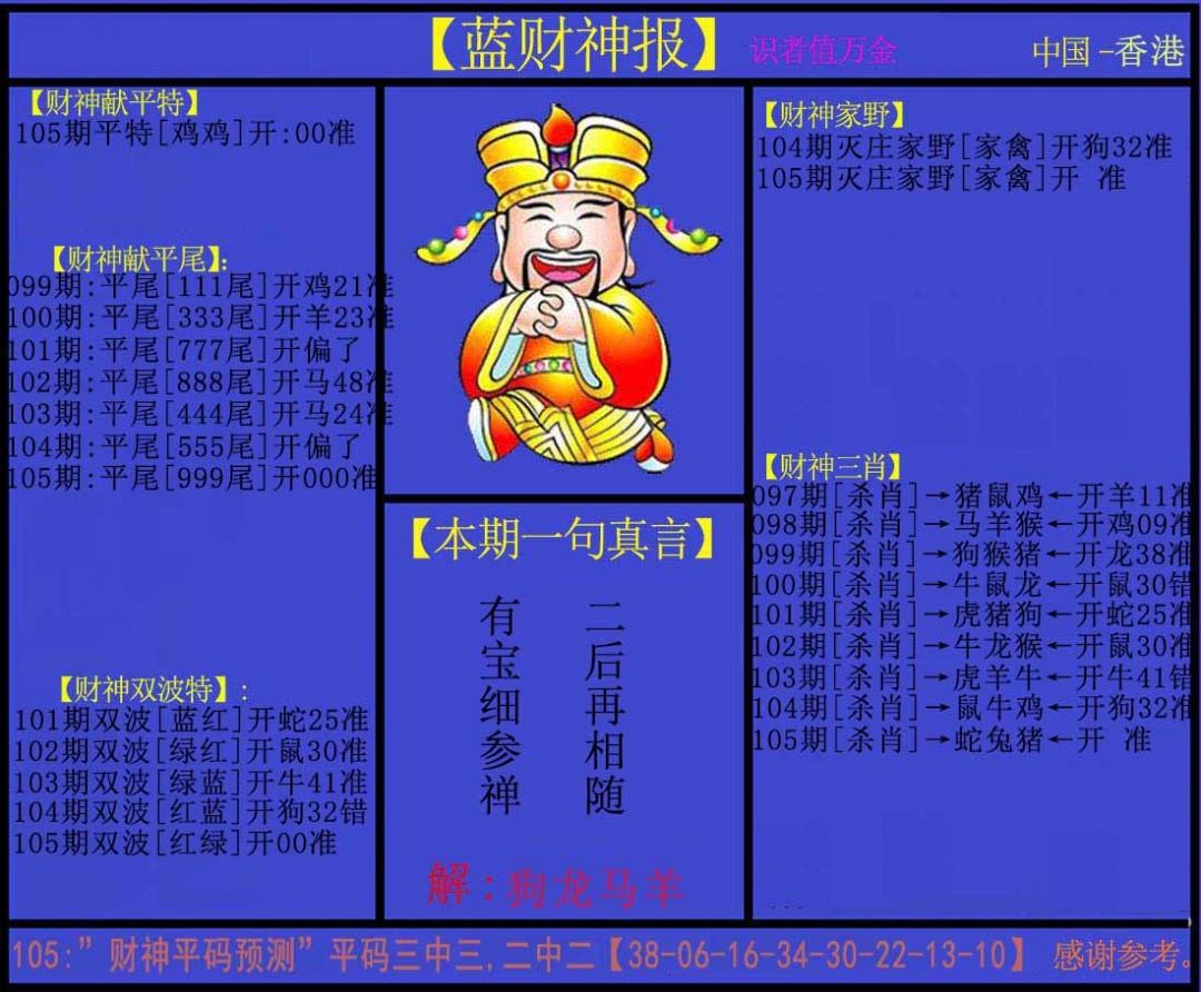 六合彩105期蓝财神