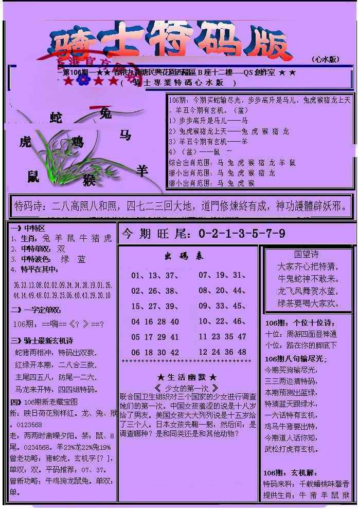 六合彩106期另骑士特码版