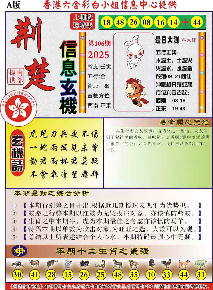 六合彩106期荆楚信息玄机A