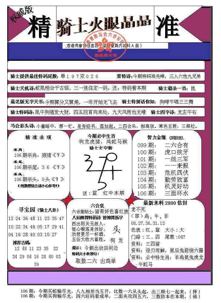 六合彩106期骑士火眼晶晶（正）