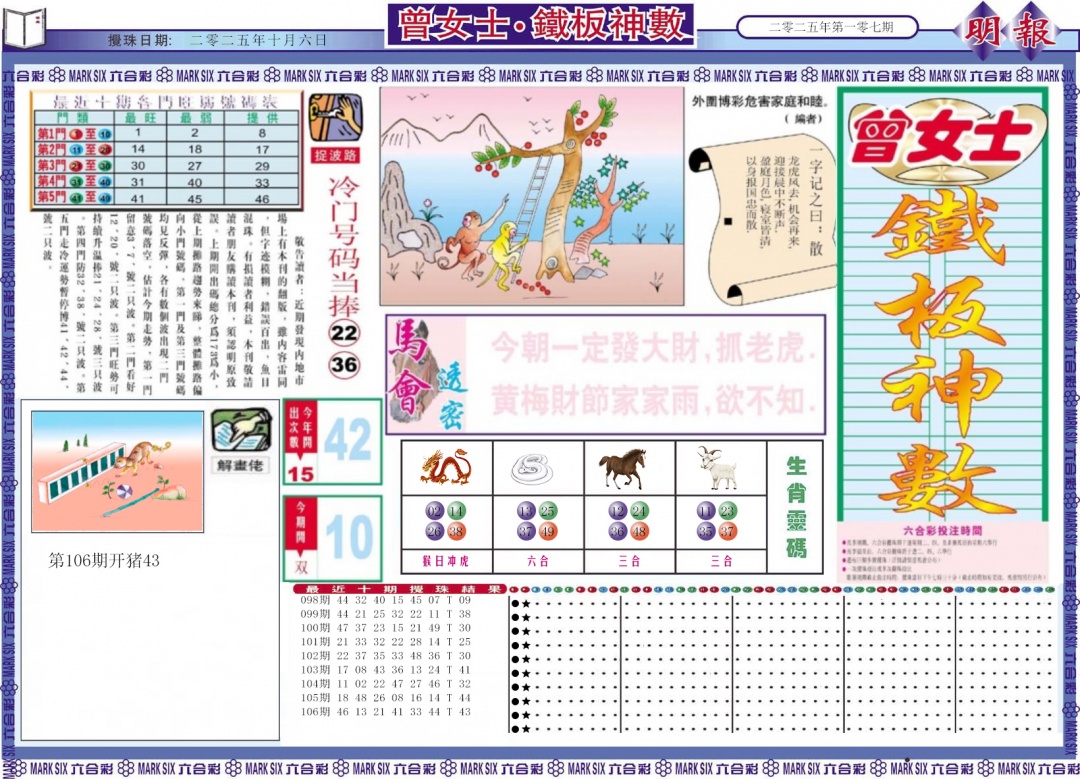 六合彩107期曾女士铁板神数A