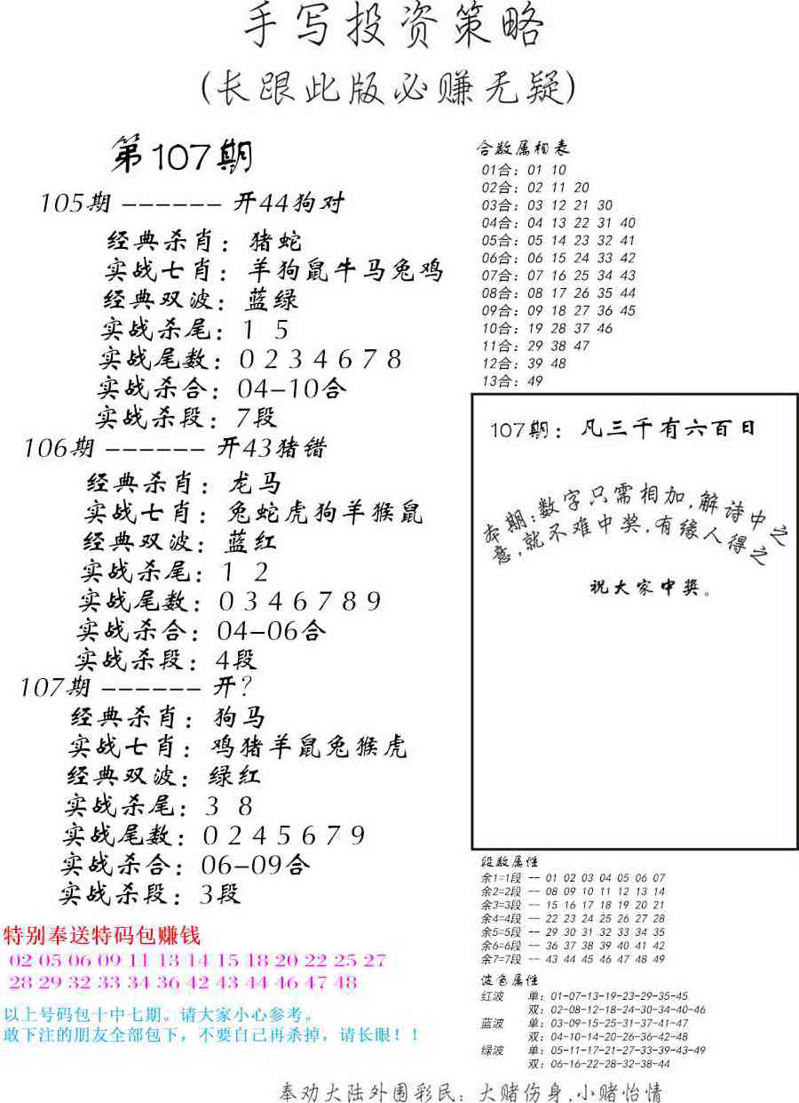 六合彩107期手写投资策略