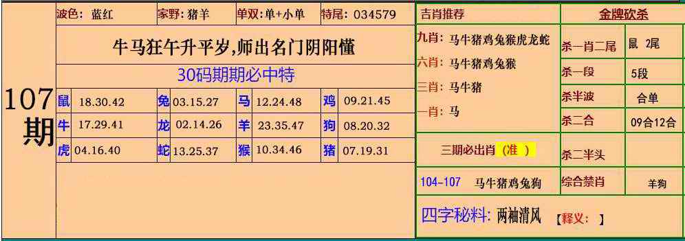 六合彩107期小鱼儿30码期期中