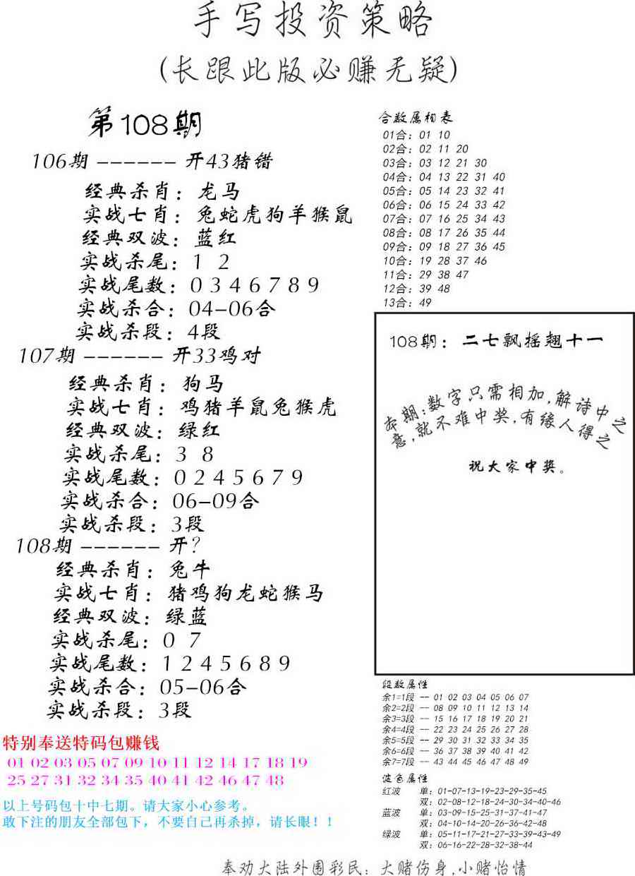 六合彩108期手写投资策略