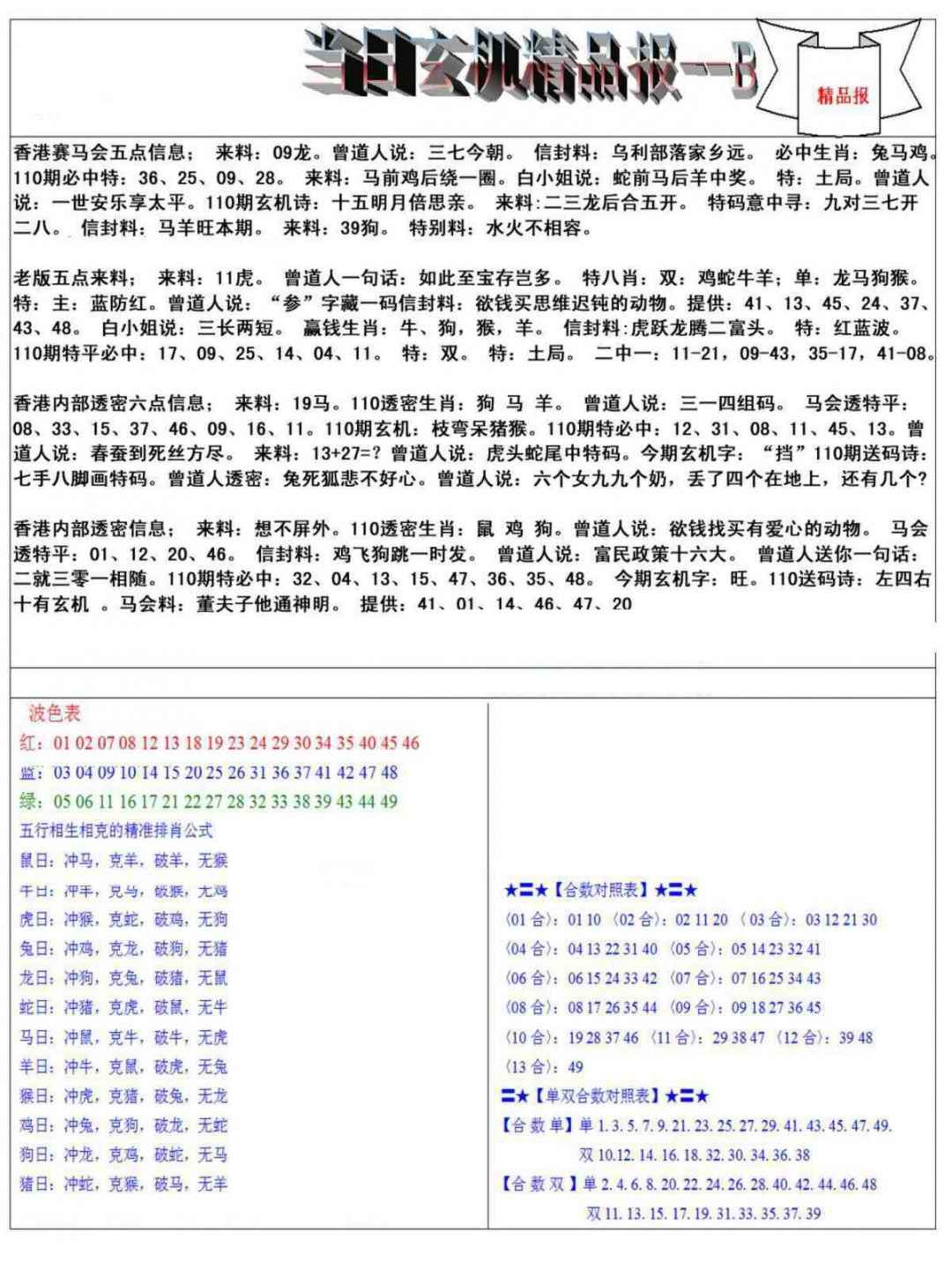 六合彩110期当日玄机精品报B