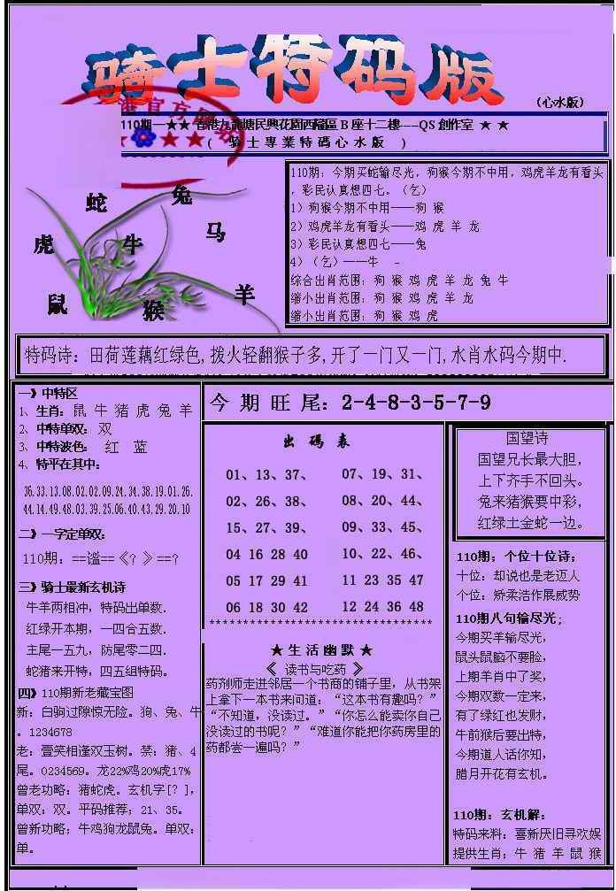 六合彩110期另骑士特码版