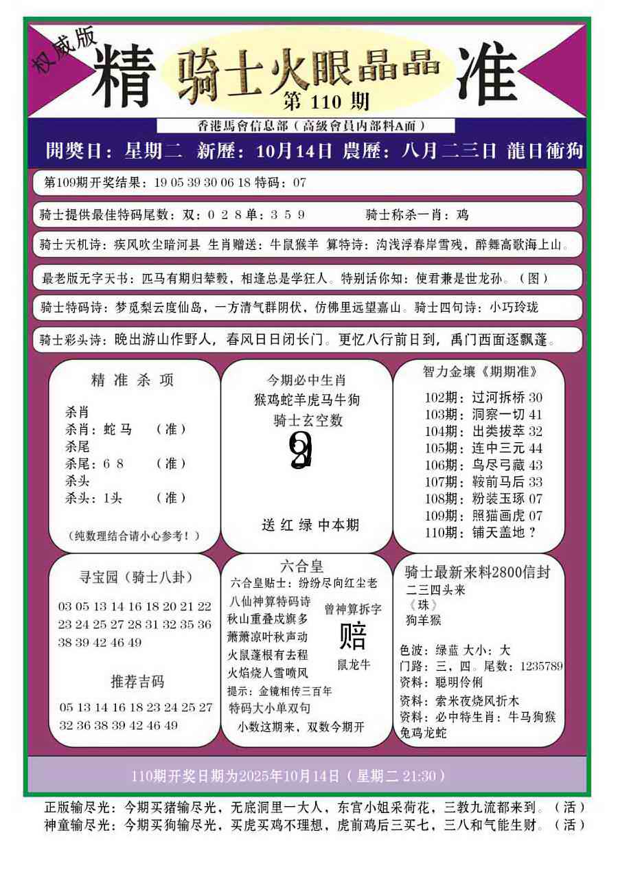 六合彩110期骑士火眼晶晶a
