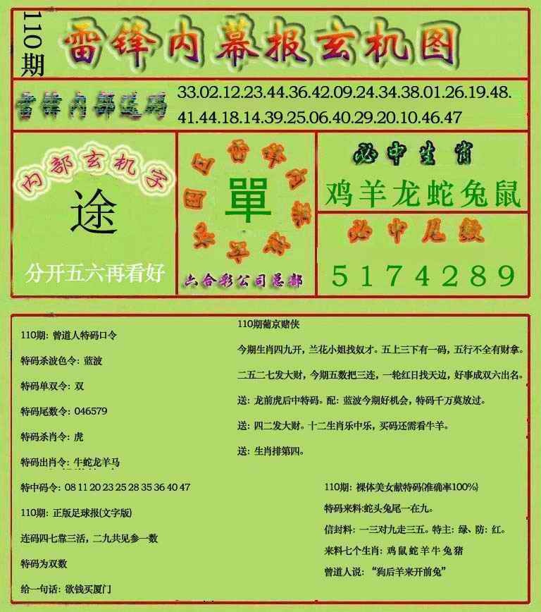六合彩110期雷锋玄机报(新上市)