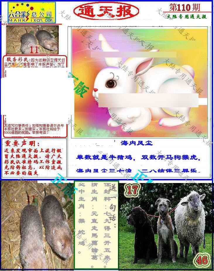 六合彩110期大陆通天报