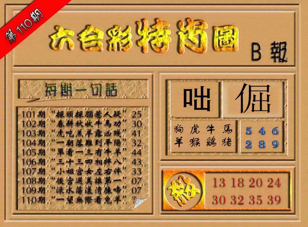 六合彩110期六合彩特肖图（B报）