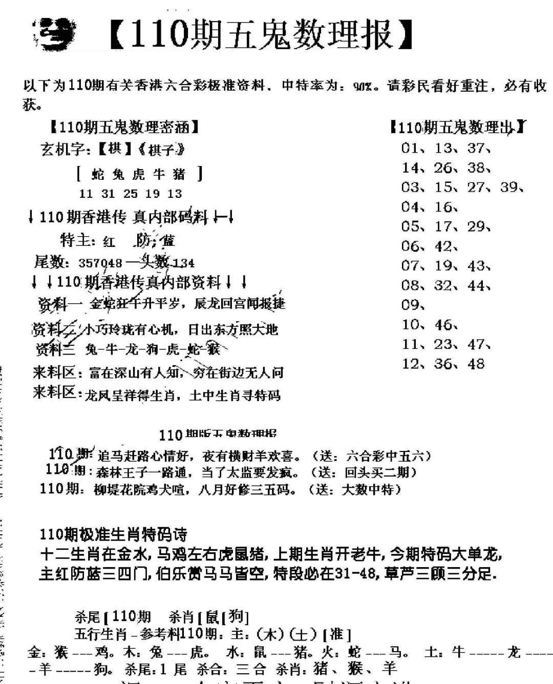 六合彩110期五鬼数理报