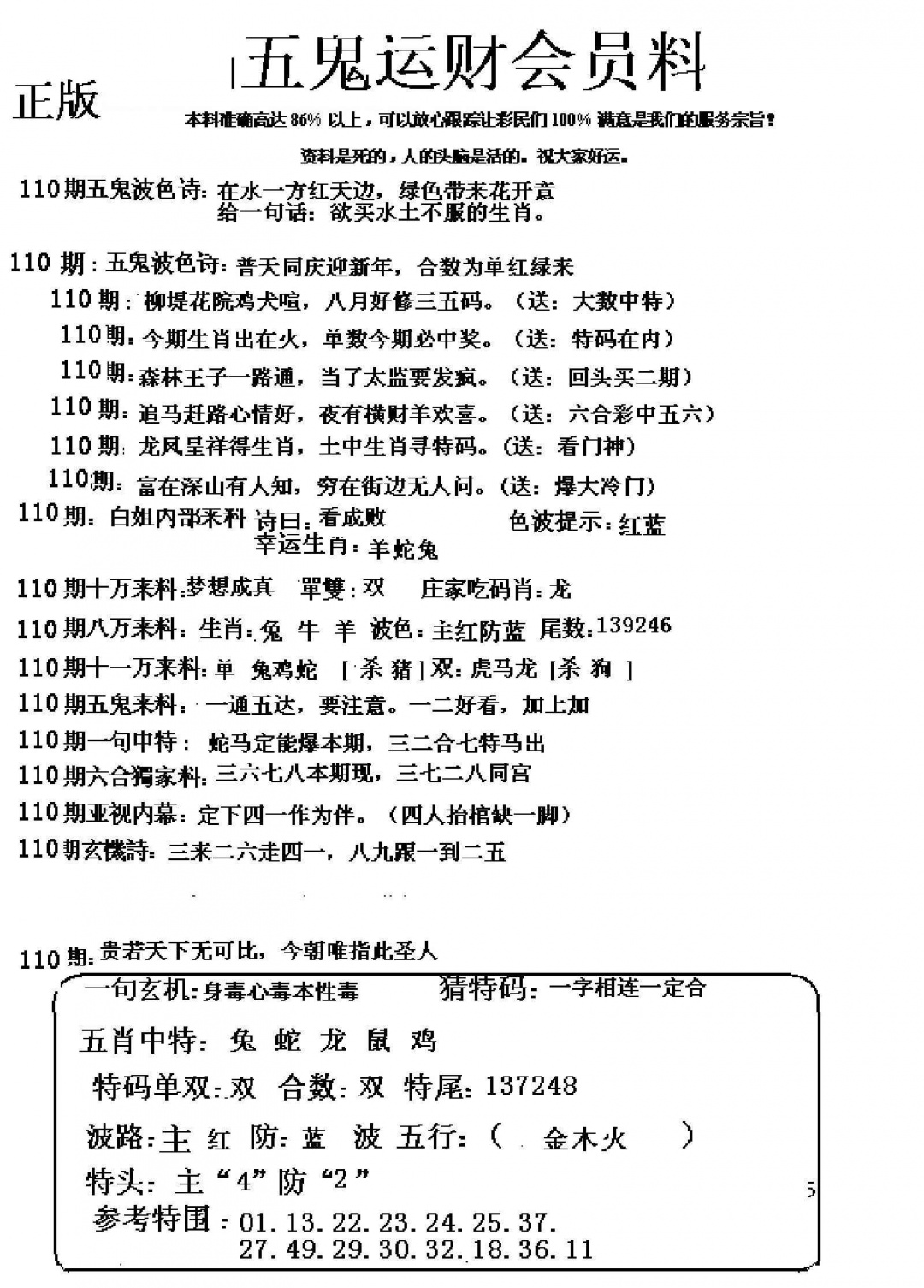 六合彩110期五鬼运财会员料