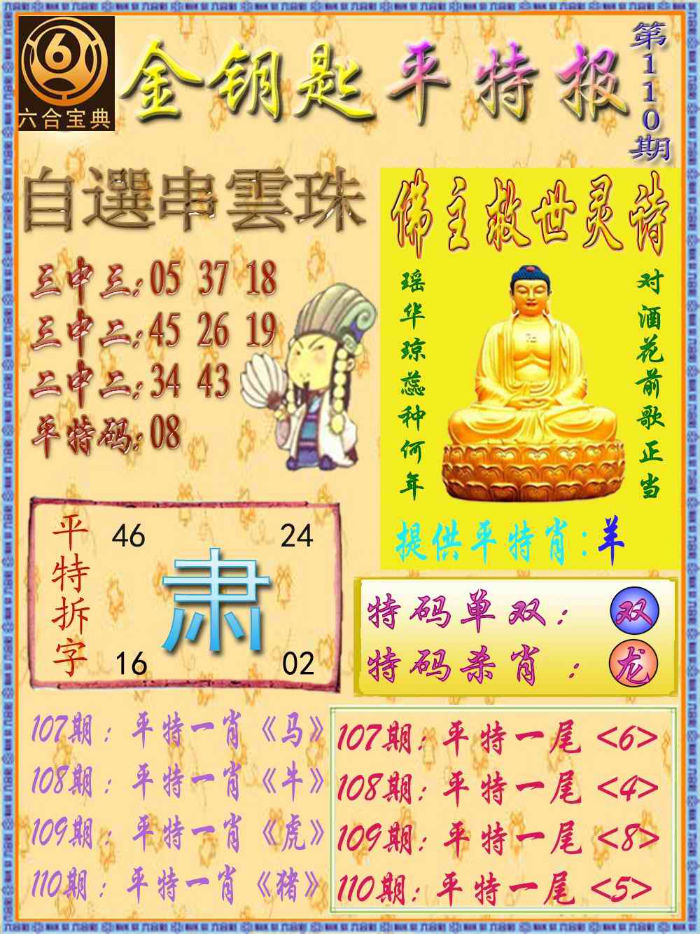 六合彩110期金钥匙平特报