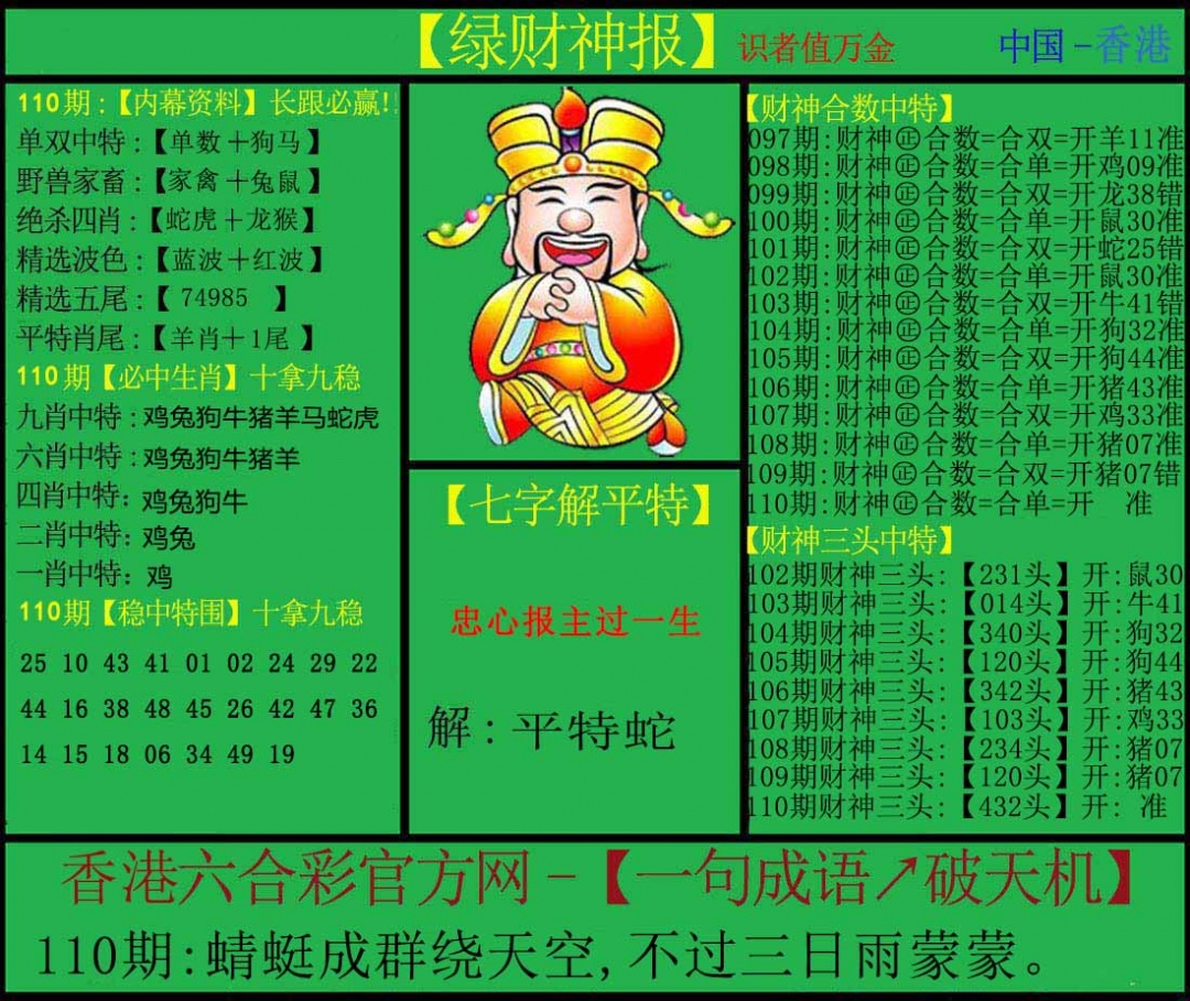 六合彩110期绿财神