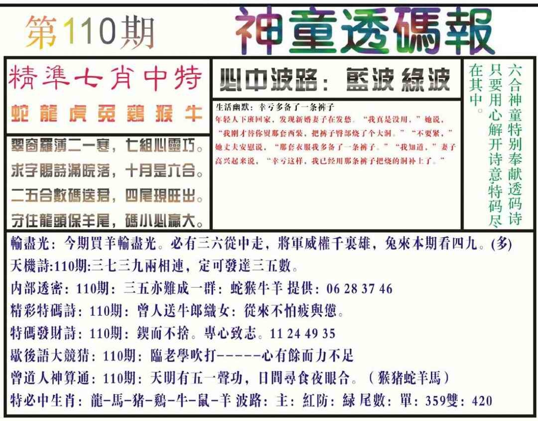 六合彩110期神童透码报(正版)