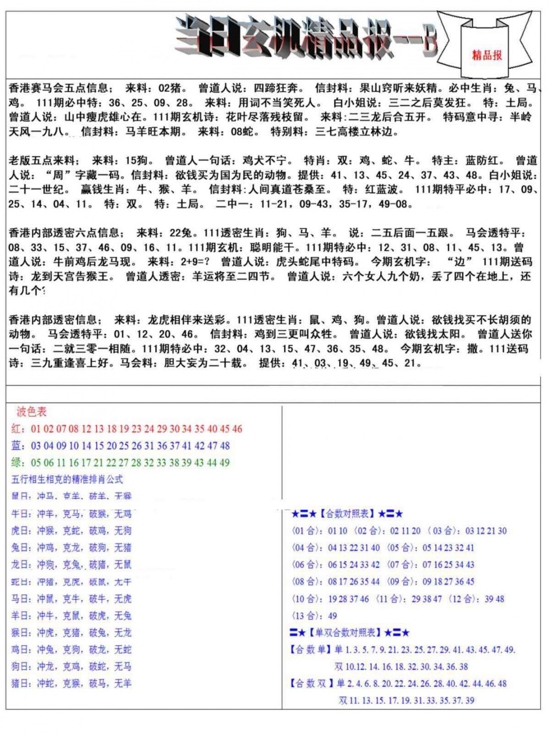 六合彩111期当日玄机精品报B