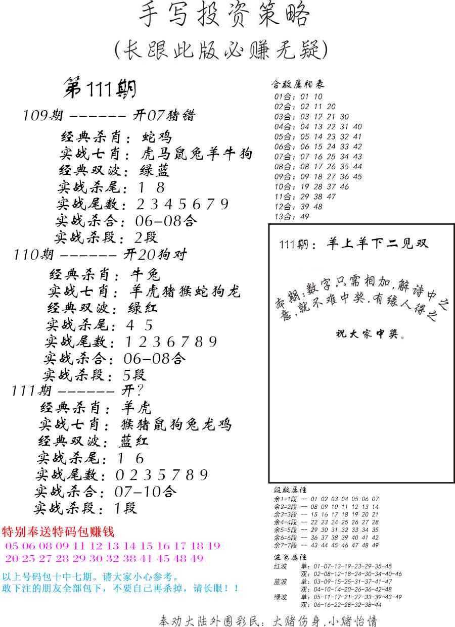 六合彩111期手写投资策略