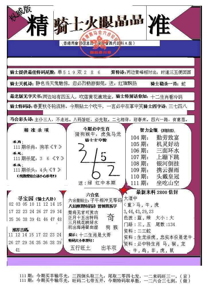 六合彩111期骑士火眼晶晶（正）