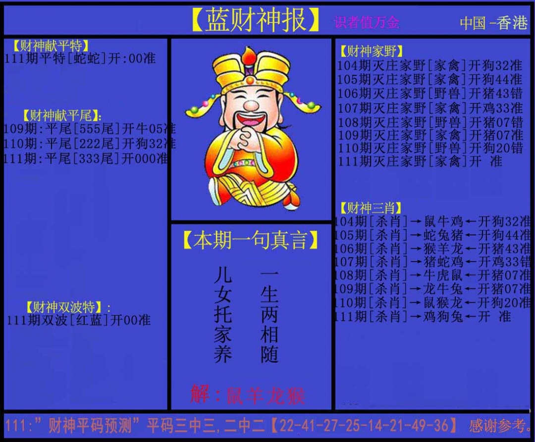 六合彩111期蓝财神