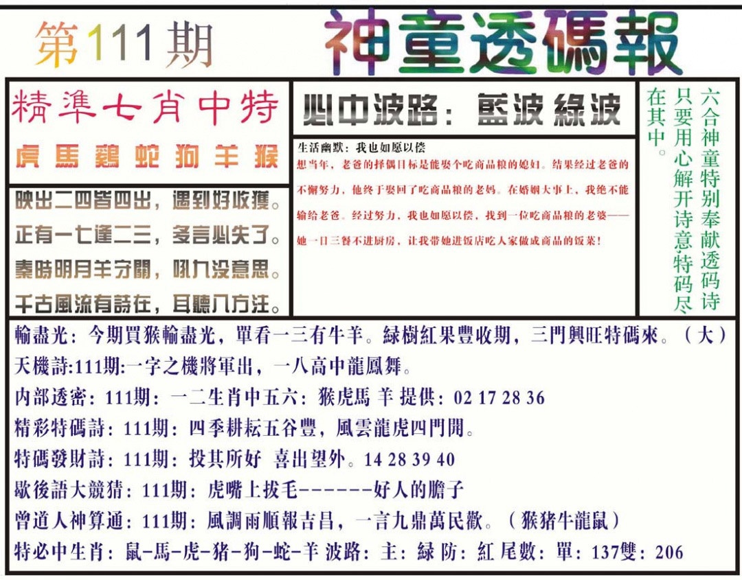 六合彩111期神童透码报(正版)