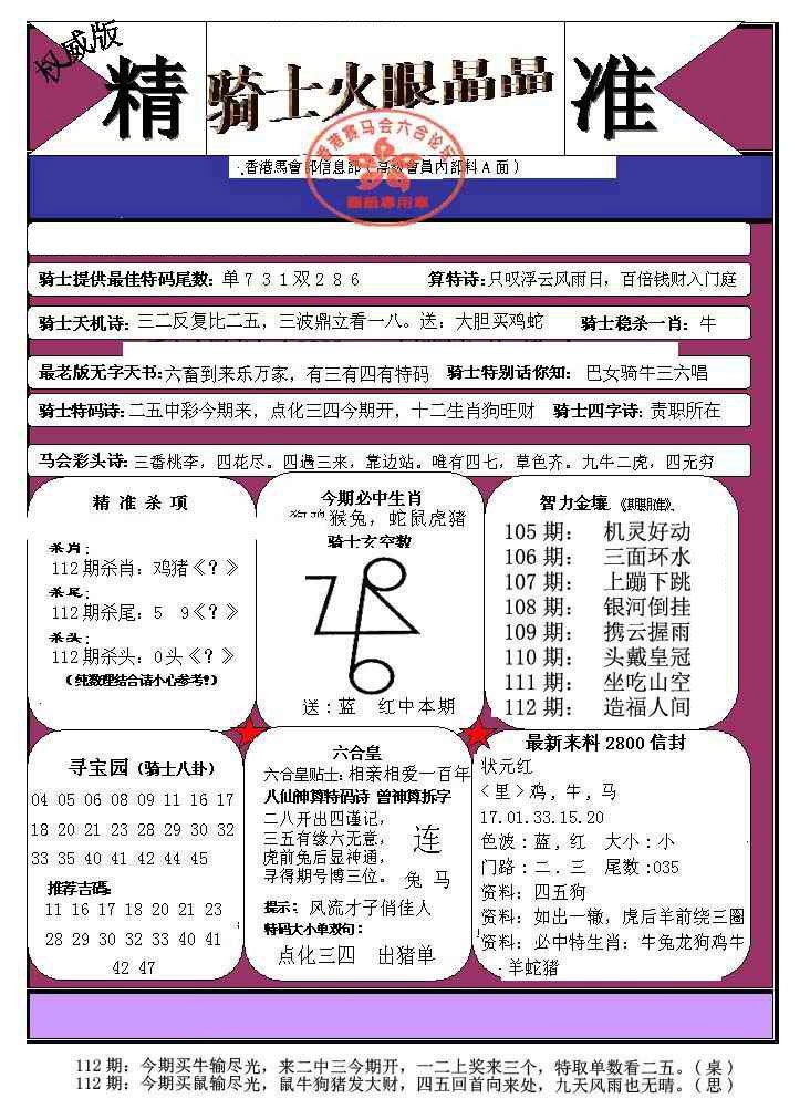 六合彩112期骑士火眼晶晶（正）