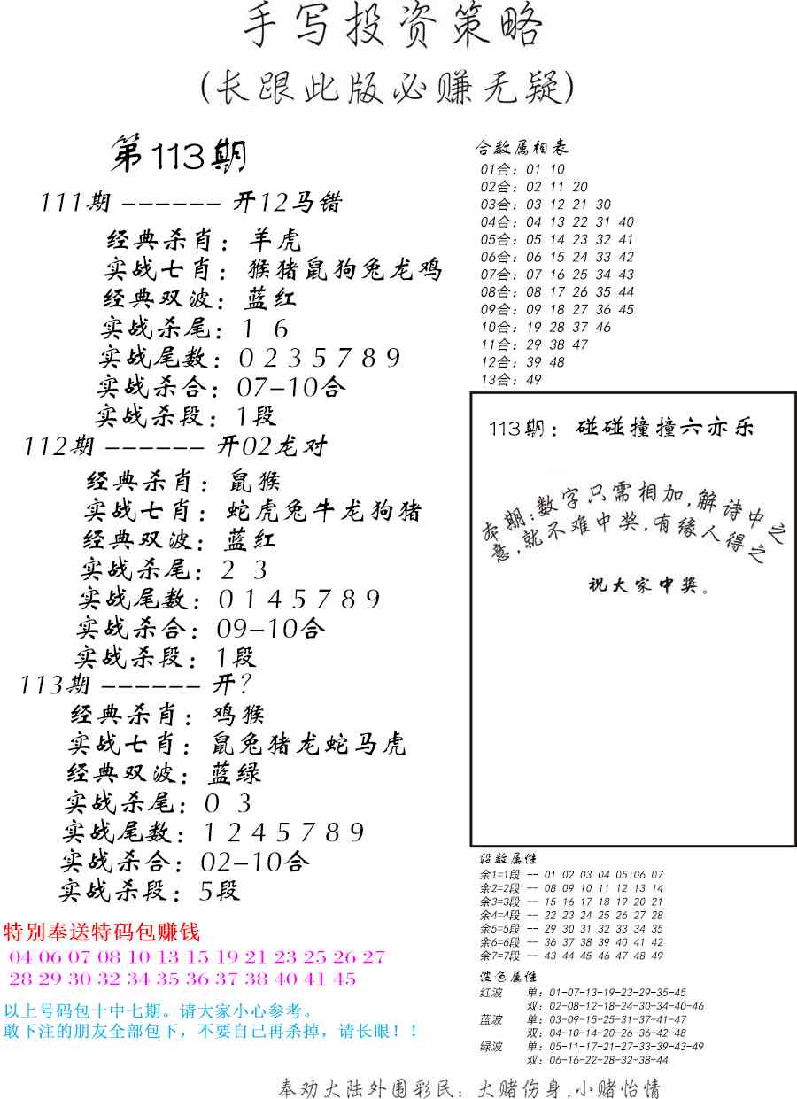 六合彩113期手写投资策略