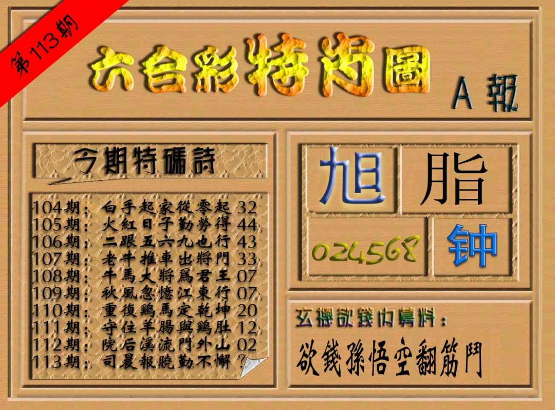 六合彩113期六合彩特肖图（A报）