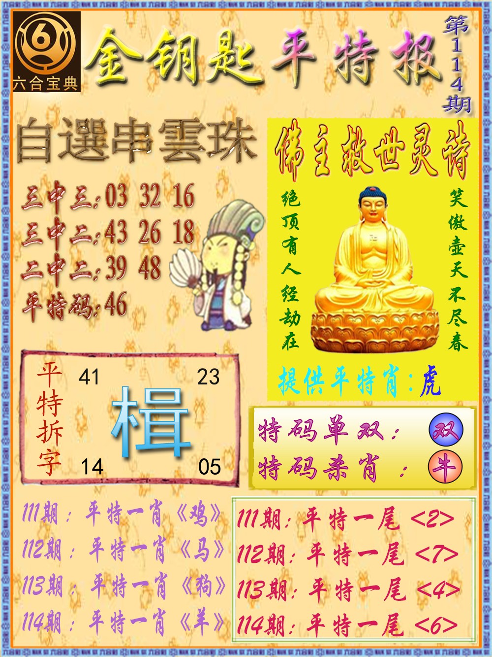 六合彩114期金钥匙平特报