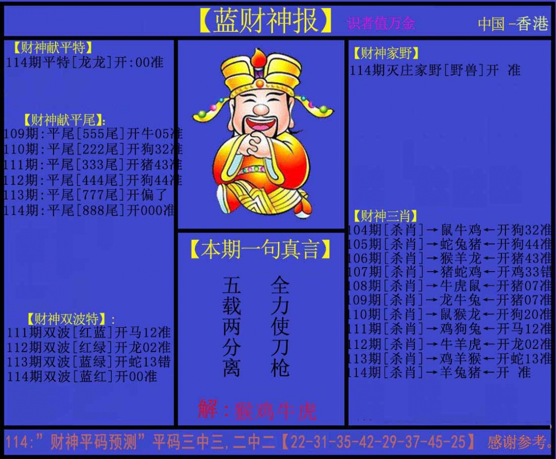 六合彩114期蓝财神