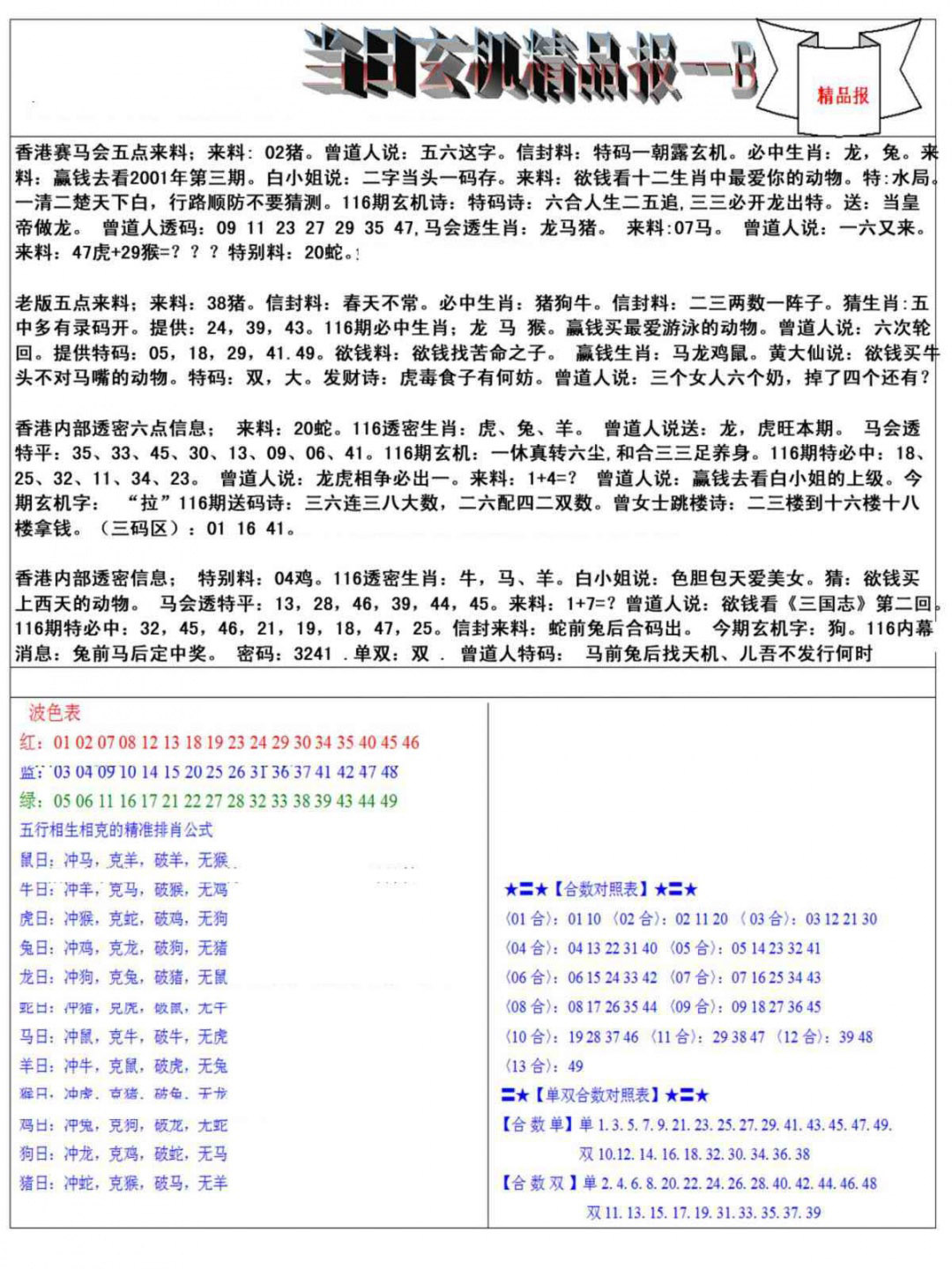 六合彩116期当日玄机精品报B