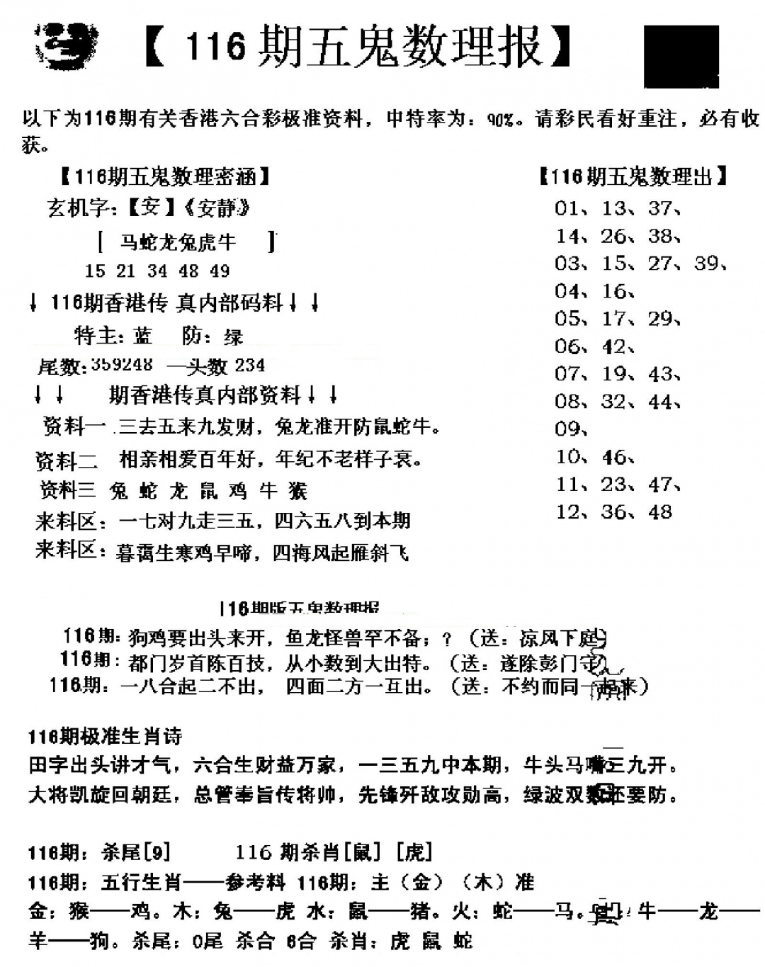 六合彩116期五鬼数理报